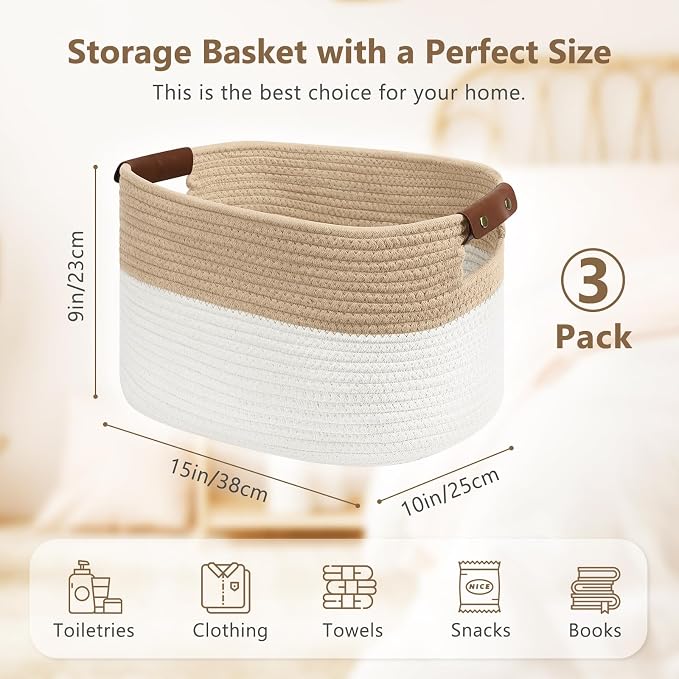 ECDYQXVU Cotton Rope Storage Baskets,15x10x9 in,Foldable Storage Bins, Decorative Woven Basket Cube Storage Organizer for Laundry, Towel, Clothes (White/Beige-3Pack, 15x10x9 inches) - Image 2