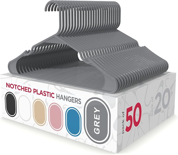 Sharpty Plastic Hangers Clothes Hangers for Clothing, Closet, Coats & Shirts - Notched, Durable, Thick, Tough & Space Saving - for Everyday Standard Use, Room Essentials & Basics - 50 Pack - Grey by Sharpty