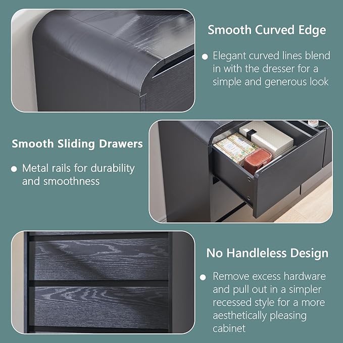 Aitjunz Modern 8 Drawers Dresser for Bedroom, 55" Wide Dressers & Chest of Drawers w/Curved Profile Design, Wood Mid Century Storage Dressers Organizer for Bedroom, Living Room, Black