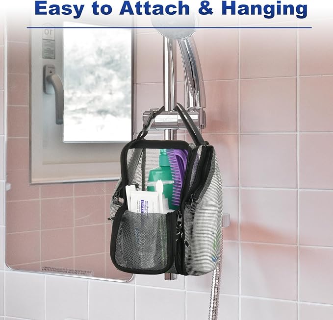 Cosmos Mesh Shower Caddy Toiletry Organizer Hanging Shower Tote Bag, Quick Dry Shower Organizer Portable Bath Bag with Durable Zippers & Side Pockets for Travel Gym Swimming Beach & Camp (Gray) - Image 5