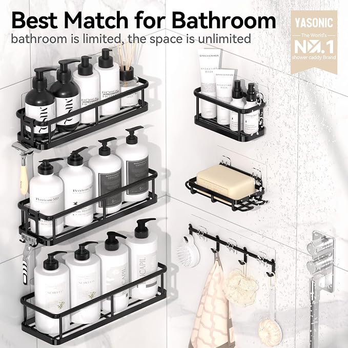 YASONIC Shower Caddy 6 Pack Rustproof Shower Organizer, Large Capacity Shower Shelves for Inside Shower, Bathroom Organizers and Storage with Soap Holder and 12 Hooks, Adhesive Shower Storage - Image 2