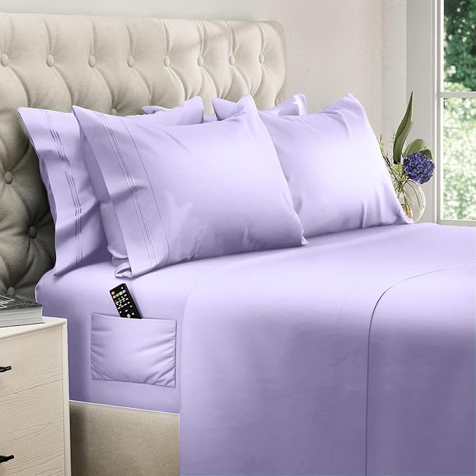 DREAMCARE Full Size Sheets - 6 pcs Breathable Cooling Bed Sheets - up to 15" Deep Pocket Full Size Bed Sheets wth Side Pockets - Extra Soft 100% Brushed Hypoallergenic Hotel Luxury Bedding - Lavender