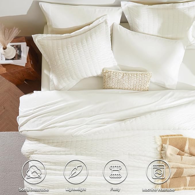 CozyLux King Size Comforter Set Ivory Seersucker 7 Pieces Bed in a Bag King Comforter Set with Sheets, Luxury Soft Bedding Sets with Down Alternative Comforter, Sheets, Pillowcases & Shams All Seasons