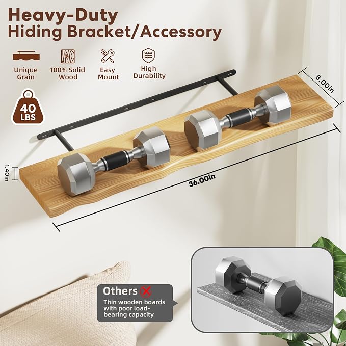 Floating Shelves for Wall Rustic Farmhouse 36 Inch Floating Shelf Bathroom Wooden Shelves for Wall Mounted Live Edge Pine Shelf with Unique Natural Grain for Living Room Bedroom Kitchen (Natural) - Image 2