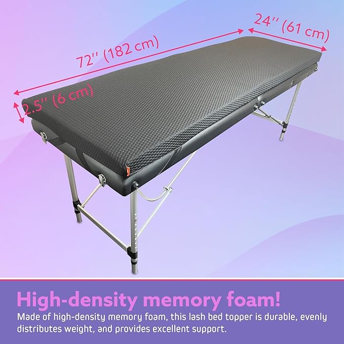 Lash Bed Foam Topper – 2.5 Inch Thick Memory Foam Massage Table Pad with Corner Straps & Anti-Slip Base, Comfortable Spa or Facial Bed Topper for Lash Extensions & Salon Use – Black