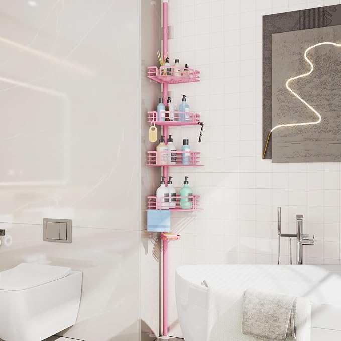 Consumest Corner Shower Caddy Tension Pole - Rustproof Shower Shelves with Towel Bar & Soap Holder, Adjustable Bath Organizer for Bathroom Storage, 27.6-108.3 inch, Pink - Image 6