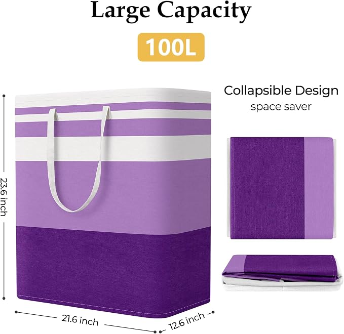 StorageRight Large Collapsible Laundry Basket Hamper with Easy Carry Handles，Freestanding Clothes Hampers for Laundry, Bedroom, Dorm, Towels, Toys, 100L, Purple - Image 2