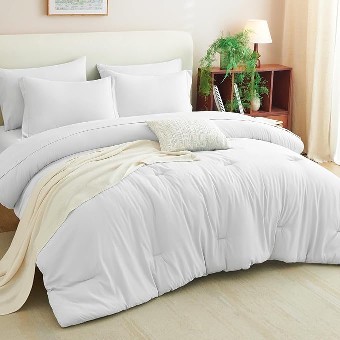 CozyLux King Size Comforter Set White, 7 Pieces Bed in a Bag King Comforter Set with Sheets, Luxury Soft Bedding Sets with Down Alternative Comforter, Fitted Sheet, Flat Sheet, Pillowcases & Shams