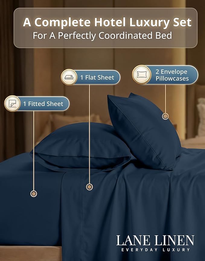 LANE LINEN 100% Cotton Deep Pocket Full Size Sheets Set - 600 Thread Count Premium Sateen Weave for A Silky Feel - Hotel Quality Softness for Year Round Comfort - Oeko TEX Certified - Denim
