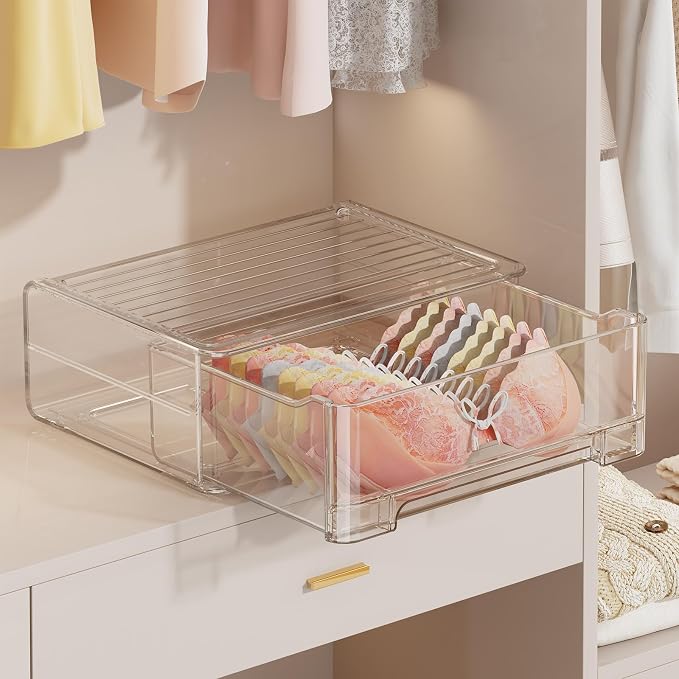 Underwear Drawer Organizer, Plastic Bra Storage Organizer for Closet, Bra Shelf Organizer, Clear Plastic Bra Drawers Stackable Pull Out Drawer Closet Organizer for Belts, Ties, Scarf by MSHOMELYDIRECT