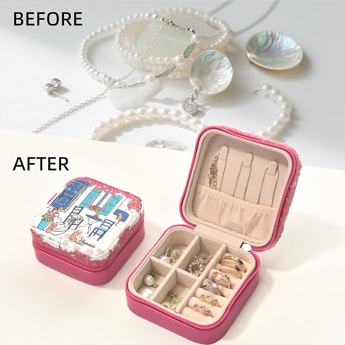 shunmei Mini Travel Jewelry Box,PU Leather Portable Jewelry Organizer Case,Art Accessories Storage Holder Boxes for Earring, Necklace, Rings, Bracelets (Four Cats) - Image 7