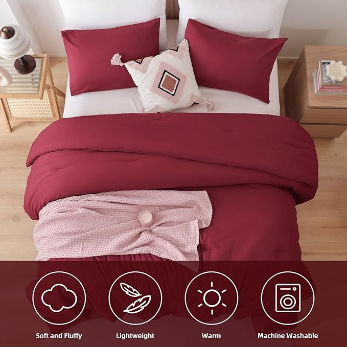 ROSGONIA Oversized King Comforter 128x120, 3pcs Super King Plus (1 Dark Red Comforter & 2 Pillowcases) Lightweight Warm Bedding Set Blanket Quilt