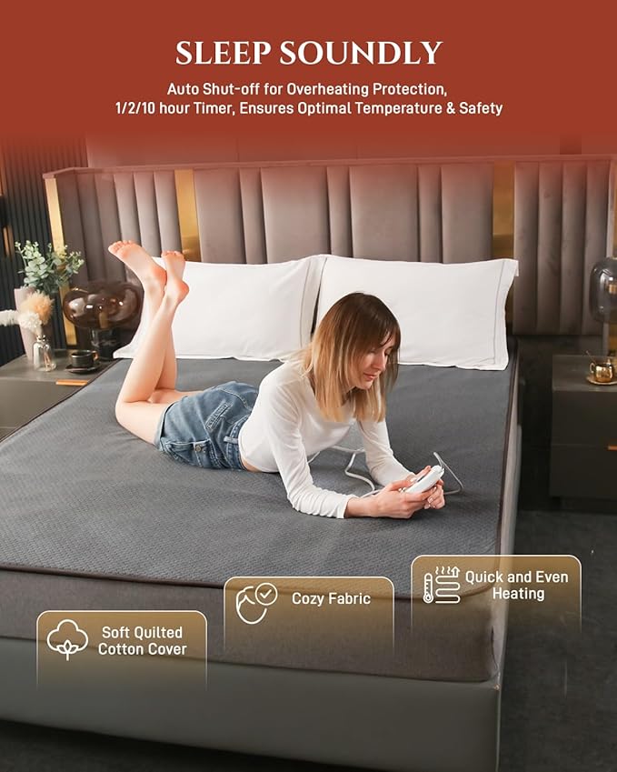 Heated Mattress Pad Queen Size – Electric Bed Pad with Dual Zone Control, Heated Mattress Cover, Thick Underblanket Sheet, Bed Warmer (09 Grey, 60" x 80")