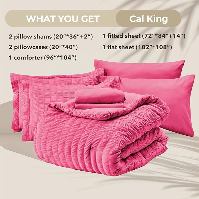 HYMOKEGE Hot Pink California King Comforter Set Seersucker 7 Pieces, All Season Luxury Bed in a Bag for Bedroom, Bedding Set with Comforter, Sheets, Pillowcases & Shams