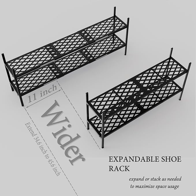 Shoe Rack, 45.6" Expandable Shoes Storage Metal Shoe Shelf Stand 2-Tier Stackable Boot Organizer for Closet, Entryway, Garage, Bedroom, Door Entrance, Black - Image 4