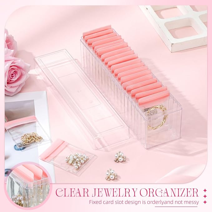Kenning 21 Pcs Acrylic Jewelry Case Organizer, Clear Jewelry Organizers Holder with Portable Anti Tarnish Storage Bags for Rings, Earrings, Necklaces, Ideal Gifts for Women (Pink) - Image 5