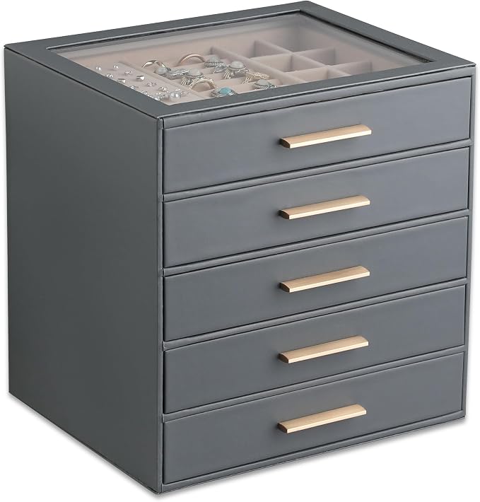 Frebeauty Clear Lid Jewelry Box,5-Layer Jewelry Organizer with Drawer,PU Leather Jewelry Organizers and Storage,Jewelry Boxes for Women,Jewelry Storage for Rings Earring Stud,Gift for Women(Grey) by Frebeauty