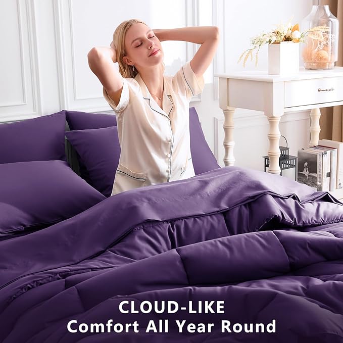 CozyLux Queen Comforter Set Purple, 7 Pieces Bed in a Bag, Purple Comforters Queen Size, All Season Bedding Sets with Stitch Quilted Comforter, Flat Sheet, Fitted Sheet, Pillowcases