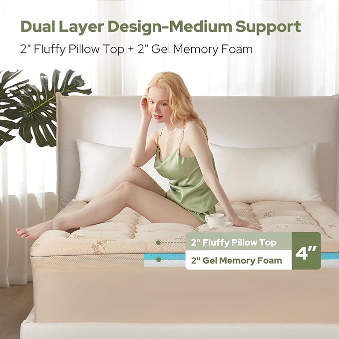 BEDLORE 4 Inch Memory Foam Mattress Topper Twin,2-in-1 Dual Layer Design (2" Gel Memory Foam + 2" Plush Pillow Top Cover) Mattress Topper Medium-Firm,Pressure Relief & Back Pain Support(Beige)