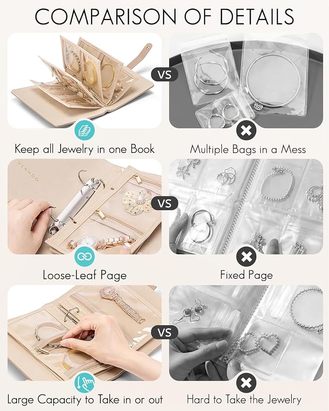 VLANDO Travel Jewelry Organizer Case,Jewelry Storage Book Ring Binder with Clear Zipper Velvet Pouch Bag for Traveling,Rings,Necklace,Earrings,Bracelets,Brooches-Toffee - Image 5
