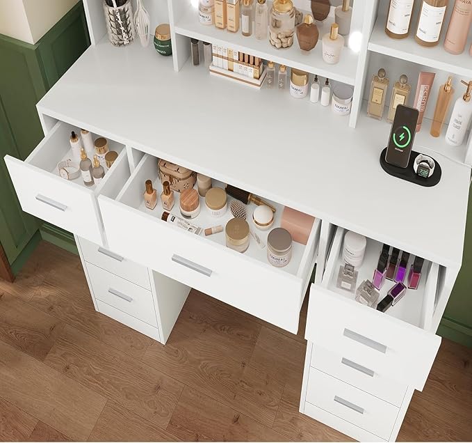 FIONESO Vanity Desk with Mirror and Lights, Power Outlet, Makeup Vanity with 9 Drawers & 6 Open Storage Shelves, 3 Lighting Modes Brightness Adjustable, White