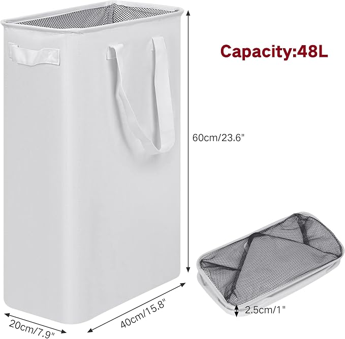 efluky Slim Laundry Basket, Narrow Laundry Hamper with Handles, Collapsible Dirty Clothes Hamper, Tall Laundry Bin for Laundry Room, Dorm and Bedroom, 12.7 Gallons(48L) White - Image 2