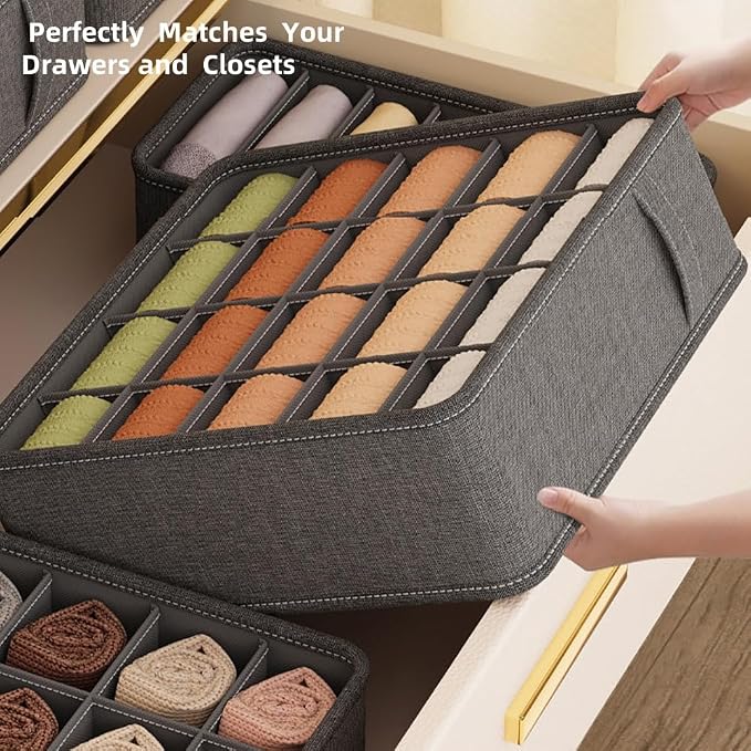 3 Pack Closet Underwear Organizer Storage Box, Drawer Fabric Foldable Cabinet Closet Storage Boxes for Storing Socks, Underwear, Ties, Belts (Dark Grey) - Image 5