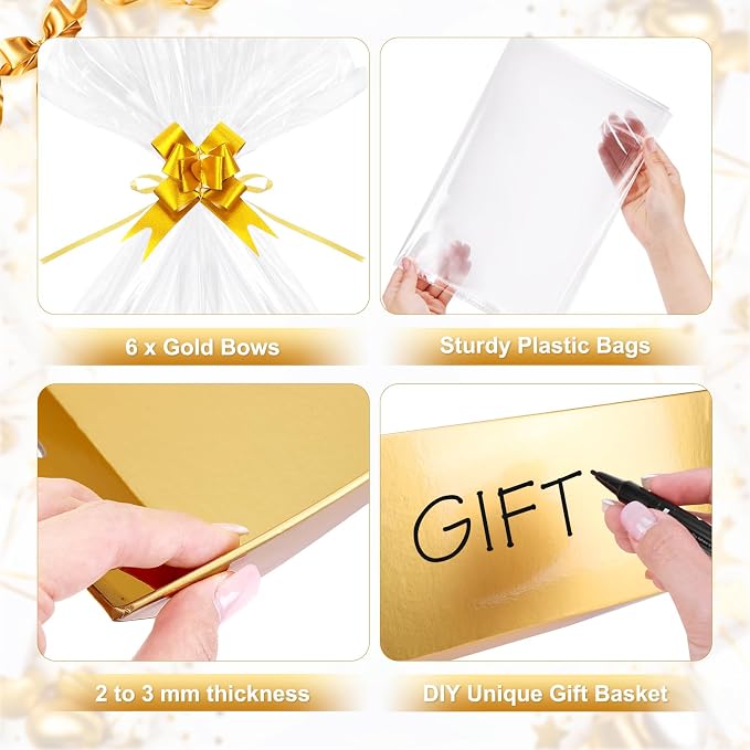 AFOROEOA 6PACK Gold Baskets for Gifts Empty, 12x10x4” Thick Cardboard Gift Basket Kit with 6 Bows & 6 Bags - Kraft Empty Gift Baskets for Christmas, Weddings, Birthdays, Holiday Gifting - Image 5