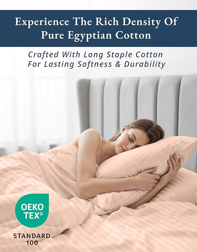 LANE LINEN 100% Egyptian Cotton Bed Sheets Queen Size, Long Staple Soft & Comfy Sateen Weave No Pill Queen Size Bedding Set, Machine wash 15'' Deep Pocket Queen Sheets Damask Stripe - Veiled Rose