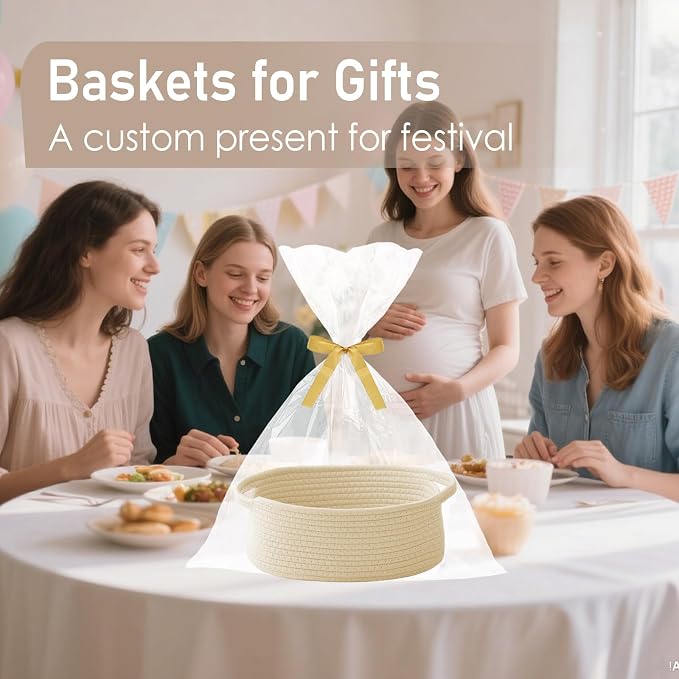 JMvicyroam Woven Basket,Small Rope Storage Bin with Handles & Ribbon Bag, Organizer for Shelves Closets,Gift Basket Empty for Birthday,Books,Dog Toys,Beige/3 Pack - Image 4