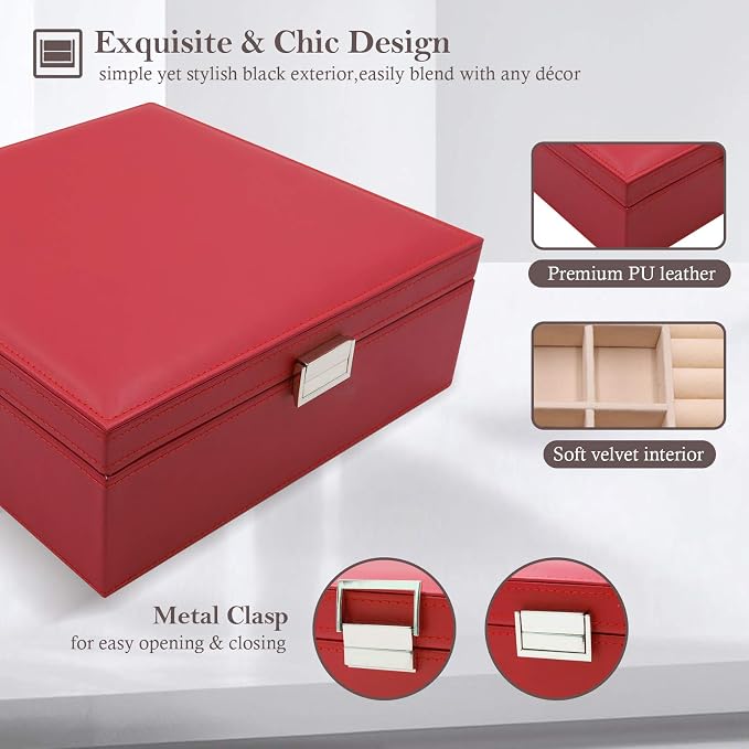 ProCase Jewelry Box for Women, 2 Layers Large Leather Jewelry Organizer Storage Case with Removable Pad for Earrings -Red - Image 4