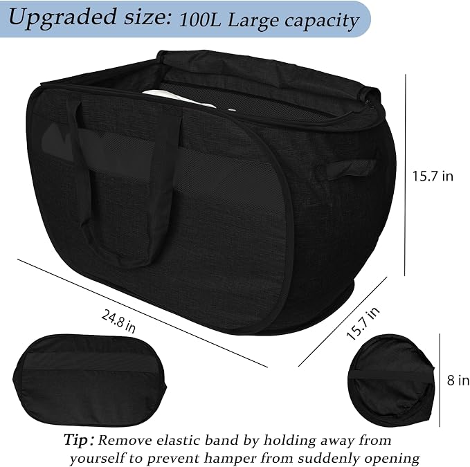 100L Extra Large Mesh Pop Up Laundry Hamper with Lid & Handles 2 Pack, XL Foldable Dirty Clothes Basket for Home Dorm Closet Storage, Portable Laundry Bin, Black. 2H - Image 3