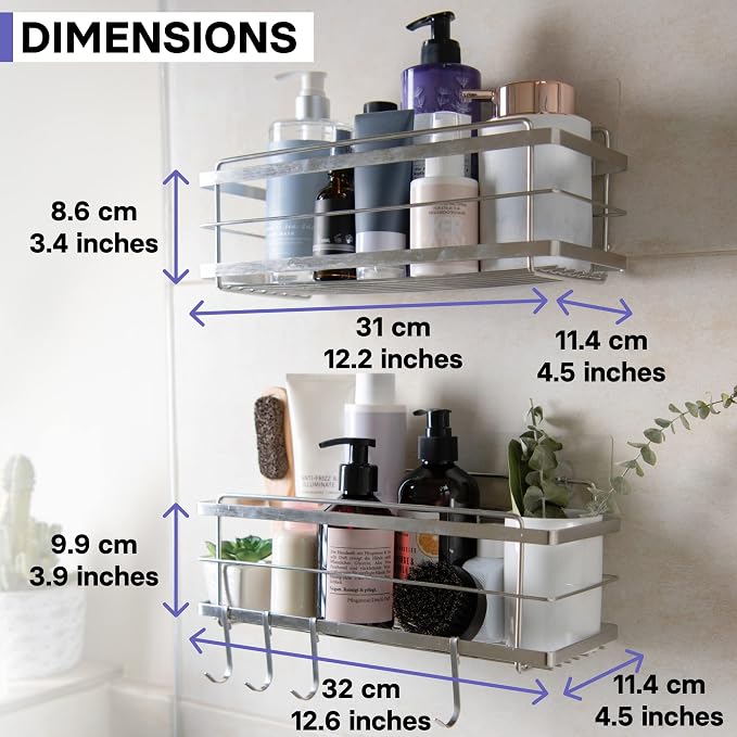 KINCMAX Shower Shelves 2-Pack - Self Adhesive Caddy with 4 Hooks - No Drill Large Capacity Stainless Steel Wall Shelf - Aesthetic Organizer for Inside Bathroom - Polished Silver - Image 7