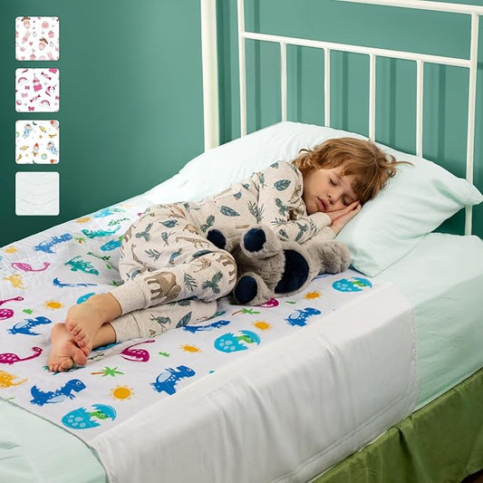 IMPROVIA® Pee Pads for Kids - Bed wetting Pads for Kids Potty Training Bed mats for Toddlers Waterproof Reuseable Washable Absorbent, Non Slip - Dino Design - Twin Size 34”x36