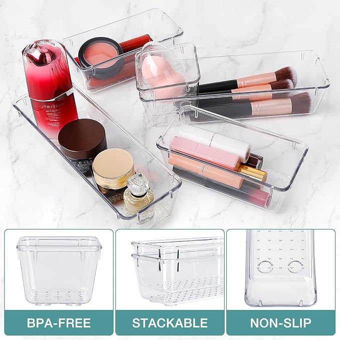 StorMiracle 10 PCS Drawer Organizer Set,4 Varied Size Bathroom and kitchen Drawer cabinet organizer Trays, Clear Storage Bins for Makeup, Jewelry, Utensils and Gadgets - Image 3