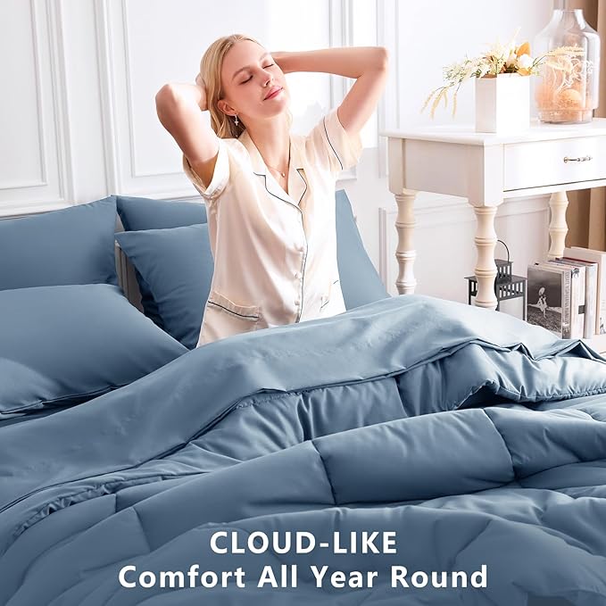 CozyLux Queen Comforter Set Dusty Blue, 7 Pieces Bed in a Bag, Grayish Blue Comforters Queen Size, All Season Bedding Sets with Stitch Quilted Comforter, Flat Sheet, Fitted Sheet, Pillowcases