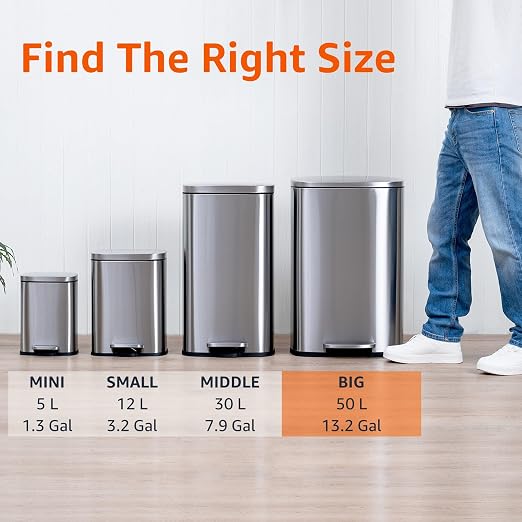 Amazon Basics Smudge Resistant Rectangular Trash Can with Soft-Close Lid, Foot Pedal, Removable Inner Bucket, 50 Liter/13.2 Gallon, Brushed Stainless Steel, Satin Nickel Finish - Image 4