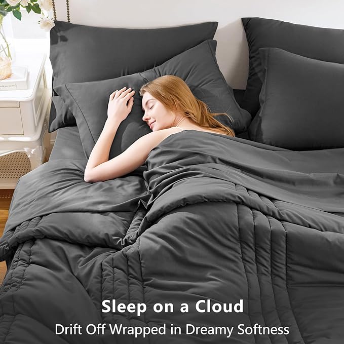 CozyLux Full Size Comforter Sets - 7 Piece Bed in a Bag Dark Grey Comforter Set with Sheets Bed Set All Seasons, Soft Bedding Set with Down Alternative Comforter, Sheets, Pillowcases & Shams