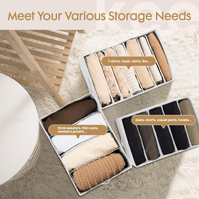 Criusia 6 Pack Large Clothes Organizer, Wardrobe Closet Organizer and Storage with Handles, Foldable Fabric Closet Organizers Dividers for Clothing, Pants, Jeans, Sweater, T-shirts, White - Image 5