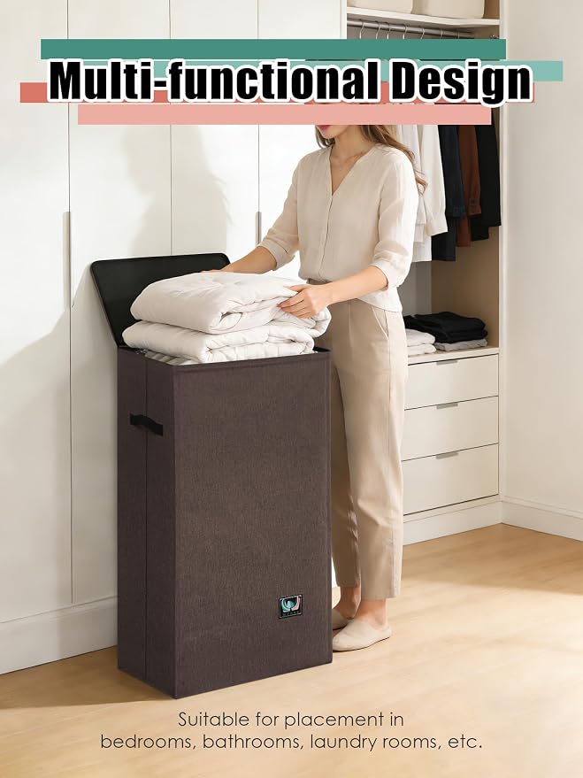 WTREE Laundry Hamper with Lid, Reinforced Sturdy Clothes Hamper with Anti-Puncture Base, Large Collapsible Laundry Basket with Removable Liner Bag, Tall Dirty Clothes Bin for Family, 100L Chocolate - Image 6