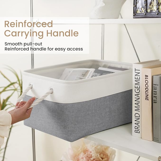 Large Storage Baskets- 15.7x11.8x8.26 inch Storage Bins for Shelves and Closet Organizing, Foldable Fabric Bin for Home Organization Clothes and Laundry (3-Pack, White&Grey) - Image 3