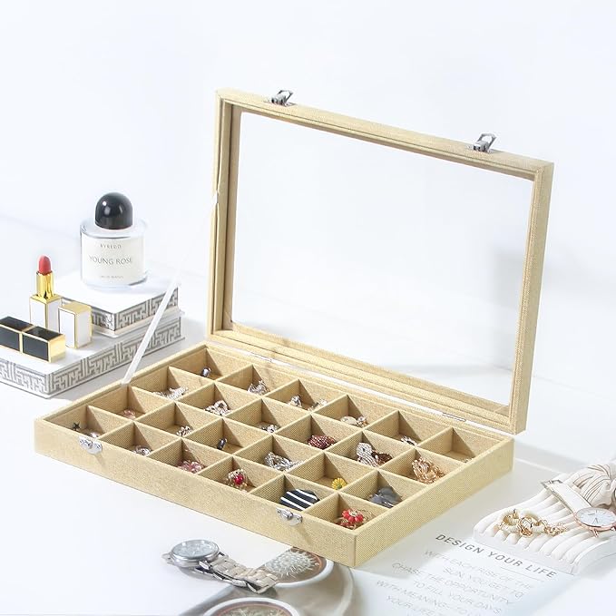 Coward Jewelry Organizer Box, Yellow Linen 24 Grids Ring Earring Jewelry Display Tray Case with Transparent Glass Lid for Home Drawer or Shop Selling - Image 3