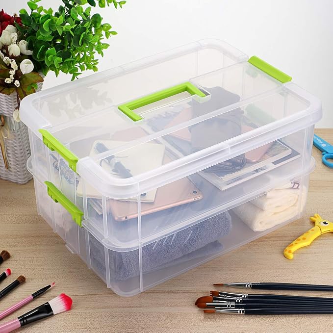 JUXYES 2-Tiers Stack Carry Storage Box With Handle, Transparent Stackable Storage Bin With Handle Lid Latching Storage Container for School & Office Supplies (Green) - Image 6