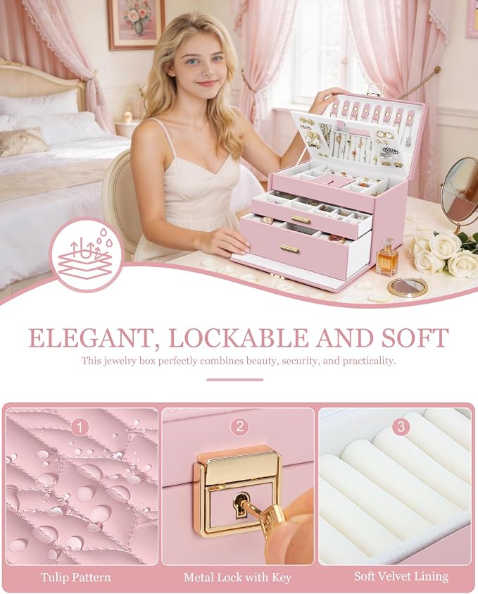 DesignSter Jewelry Box for Women Girl, 3-layer Lockable Jewelry Organizer with Mirror, Large Leather Jewelry Case for Earring Necklace Ring Bracelet Watch - Image 5