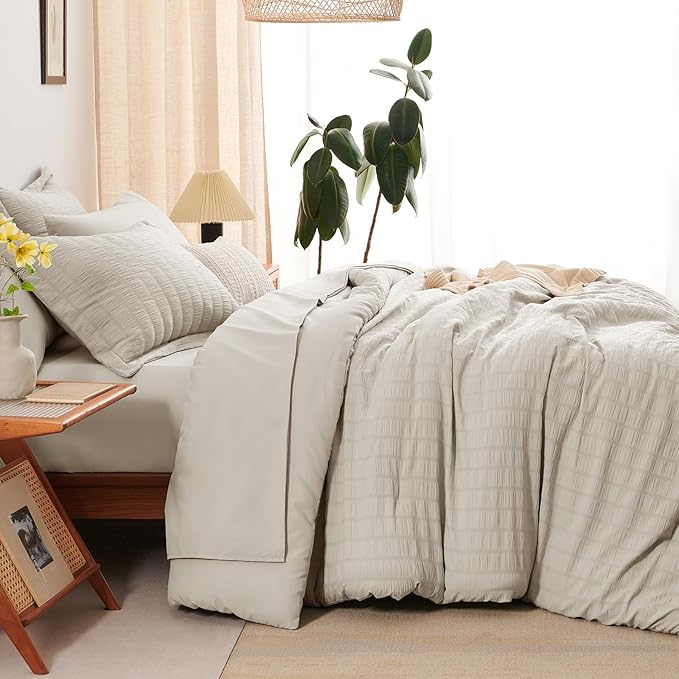 CozyLux Twin Comforter Set with Sheets 5 Pieces, Beige Seersucker Textured Bed in a Bag for Bedroom, Luxury Soft Bedding Sets with Down Alternative Comforter, Sheets, Pillowcase & Sham for All Seasons