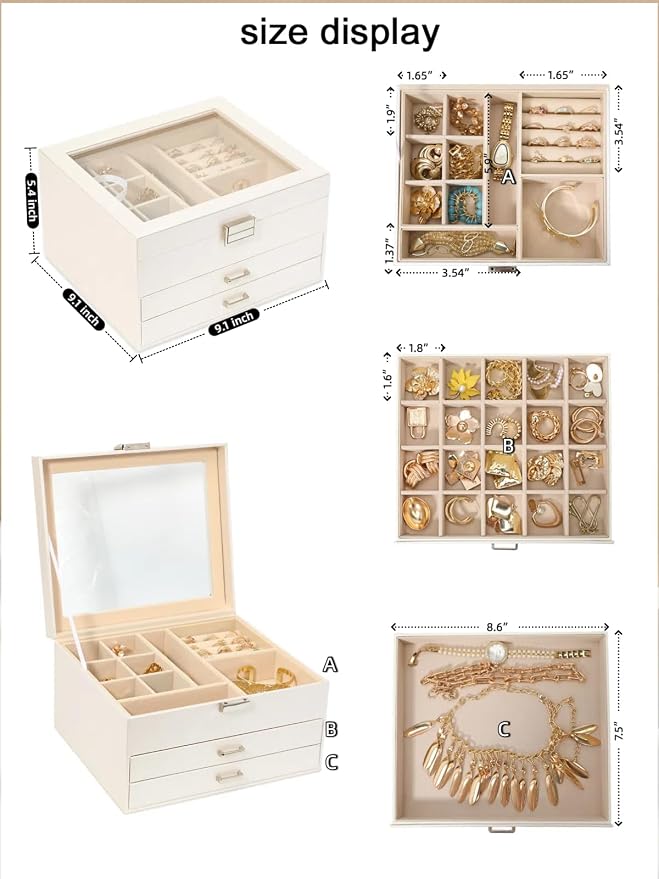 Clear Lid Jewelry Box,3 Layers Jewelry Organizer Large Multi-Functional Jewelry Storage Box with 2 Drawers,Jewelry Display Case of Rings Earrings Necklace Bracelets for Women Girls (Light gold) - Image 6