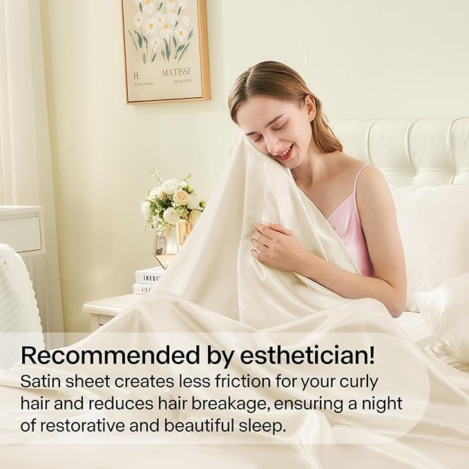 BEDELITE King Size Sheets Set, Luxury Soft Beige Satin Sheets for Hair and Skin, Similar to Silk Bed Sheets Set 4 Pieces with 1 Deep Pocket Fitted Sheet, 1 Flat Sheet, and 2 Pillowcases