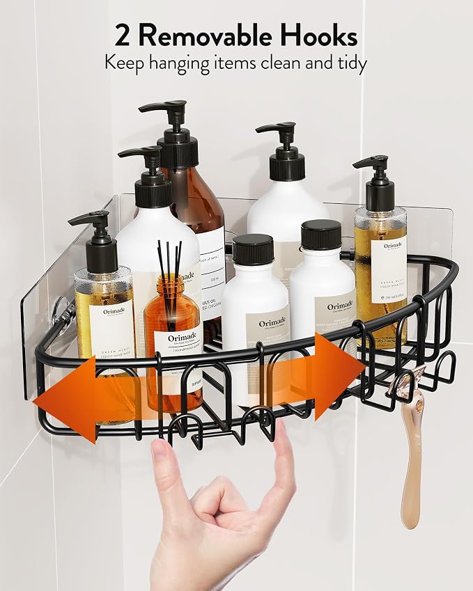 Orimade Corner Shower Caddy Stainless Steel with Hooks Wall Mounted Bathroom Shelf Storage Organizer Adhesive No Drilling 2 Pack, Black Only for 90-Degree Corner - Image 4
