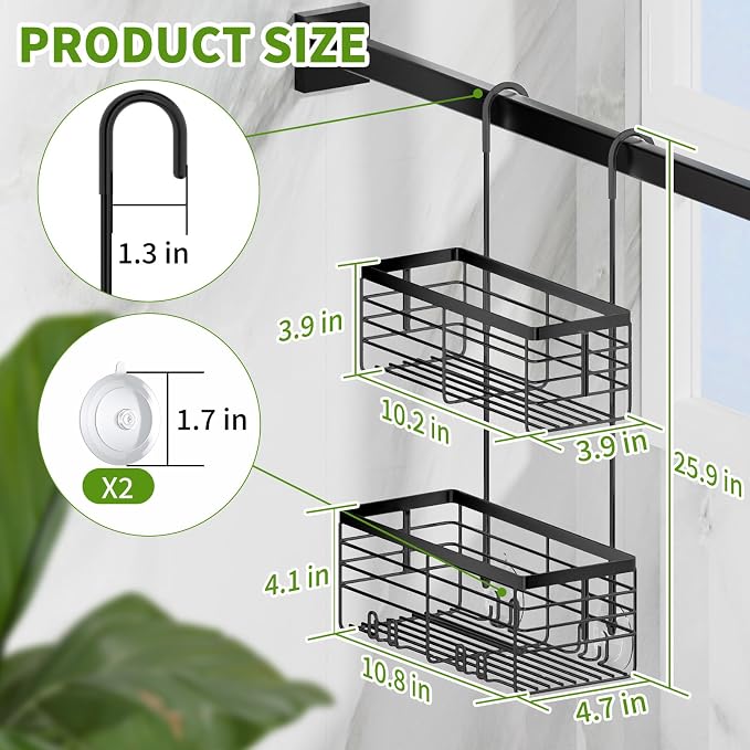 SHANSHUI Shower Hanging Caddy, Double Bathroom Showers Organizer Basket, Shampoo Bracket, Over Door Shower Rack with Hooks, 304 Stainless Steel Rustproof - Image 5