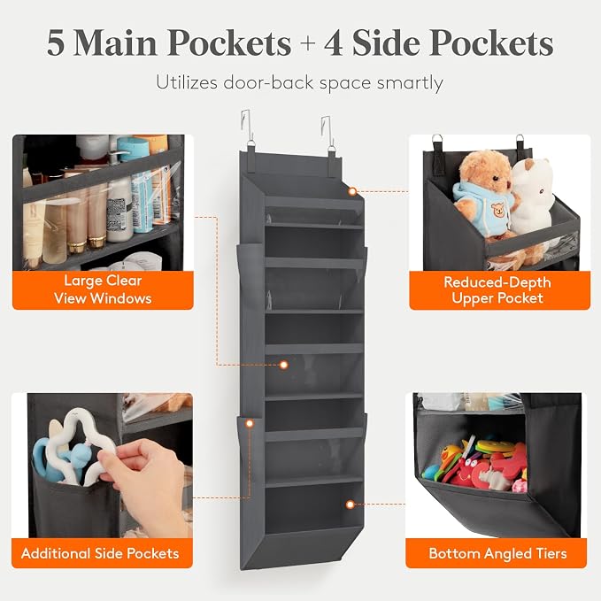 Lifewit 1 Pack Over the Door Organizer, 5 Section Clear Window Hanging Storage with 4 Side Pockets, Sturdy Anti Tilt 40 lbs Load Behind Door for Closet, Bedroom, Bathroom, Nursery, Dorm, Gray - Image 3
